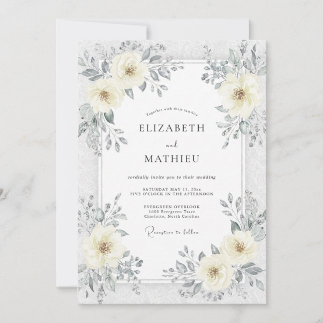 Convites Casamento Flor de Marfim Prata (Frente)