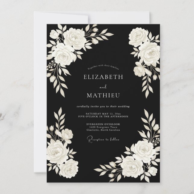 Convites Casamento Flor de Marfim Preto (Frente)