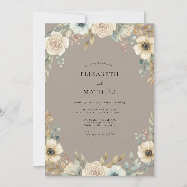 Convites Casamento Flor de Marfim Taupe (Frente)