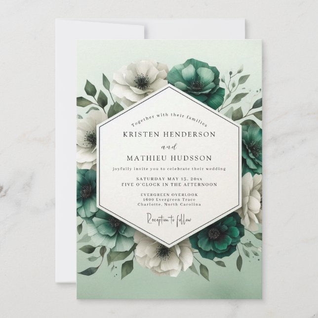 Convites Casamento Flor de Marfim Verde-água (Frente)