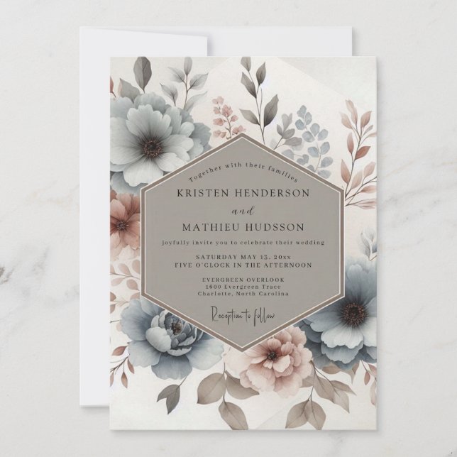 Convites Casamento Flor de Mauve Azul Empoeirado (Frente)