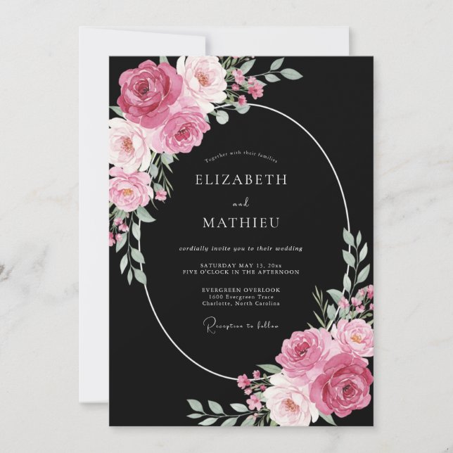 Convites Casamento Flor de Mauve Preto (Frente)