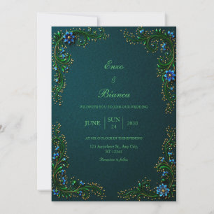 Convites Casamento Flor de Meia-Noite Dourada Teal