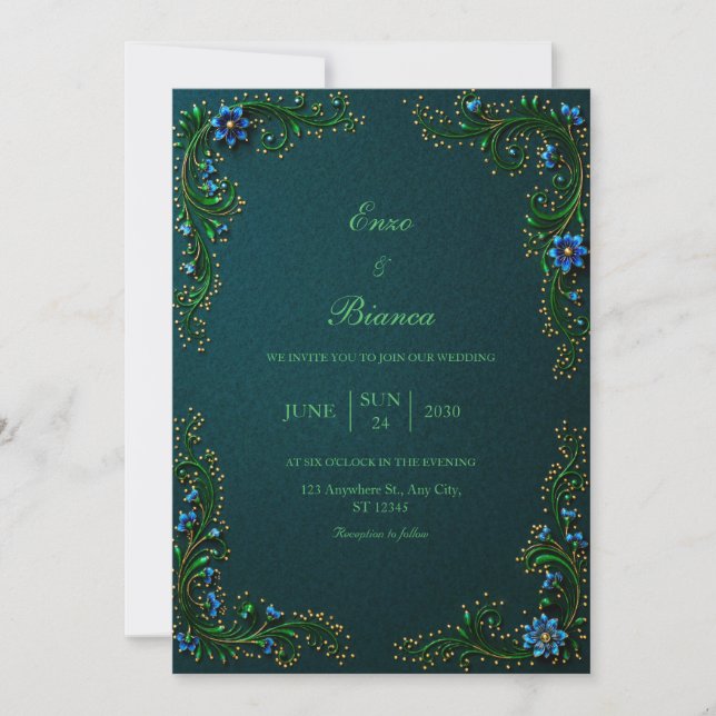 Convites Casamento Flor de Meia-Noite Dourada Teal (Frente)