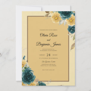 Convites Casamento Flor de Mostarda Azul-Ciano