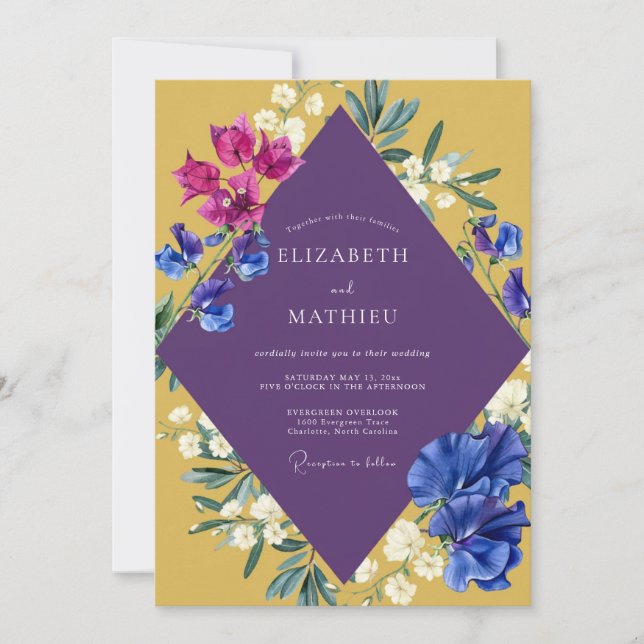 Convites Casamento Flor de Mostarda Roxa (Frente)