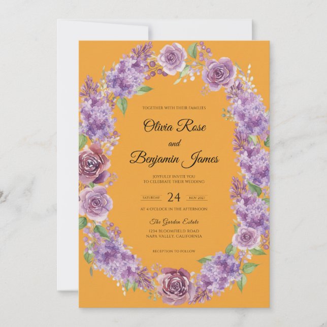 Convites Casamento Flor de Mostarda Roxa (Frente)