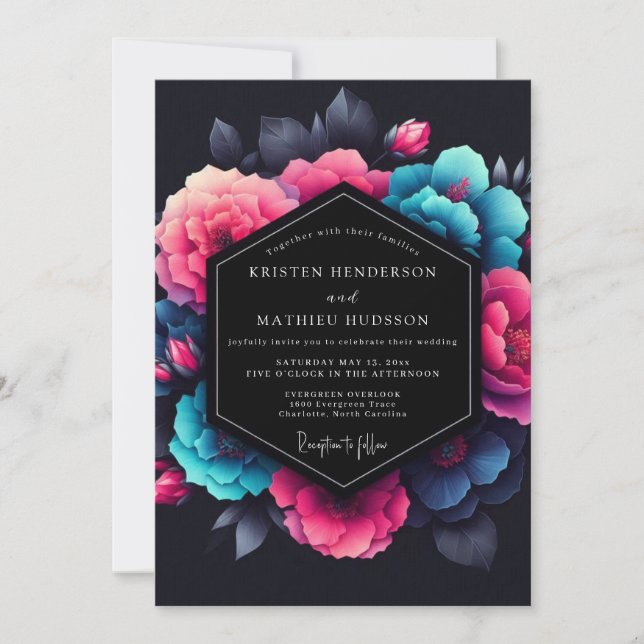 Convites Casamento Flor de Néon Fúcsia (Frente)