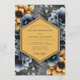 Convites Casamento Flor de Ocre Azul Ardósia