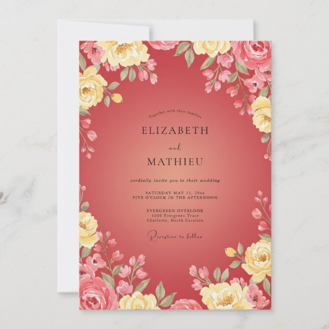 Convites Casamento Flor de Ouro Carmesim (Frente)