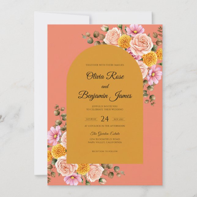 Convites Casamento Flor de Ouro Coral (Frente)