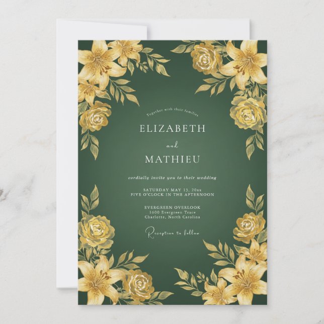 Convites Casamento Flor de Ouro Esmeralda (Frente)