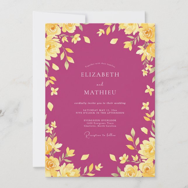 Convites Casamento Flor de Ouro Magenta (Frente)