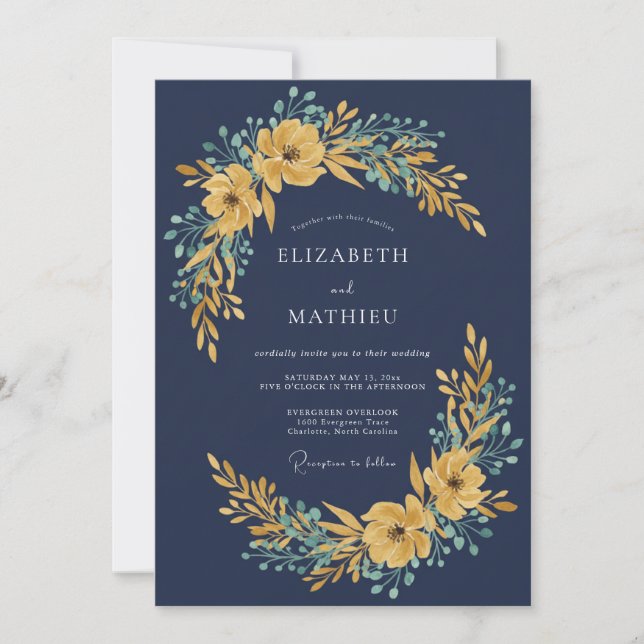 Convites Casamento Flor de Ouro Marinho (Frente)
