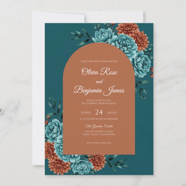 Convites Casamento Flor de Outono Azul (Frente)