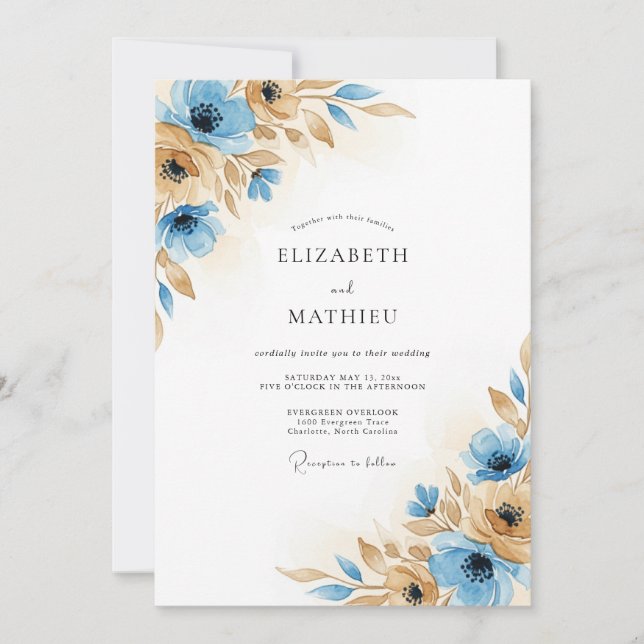 Convites Casamento Flor de Outono Azul Marrom (Frente)