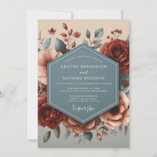 Convites Casamento Flor de Outono em Ardósia e Borgonha