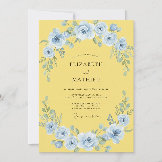Convites Casamento Flor de Pastel Azul (Frente)