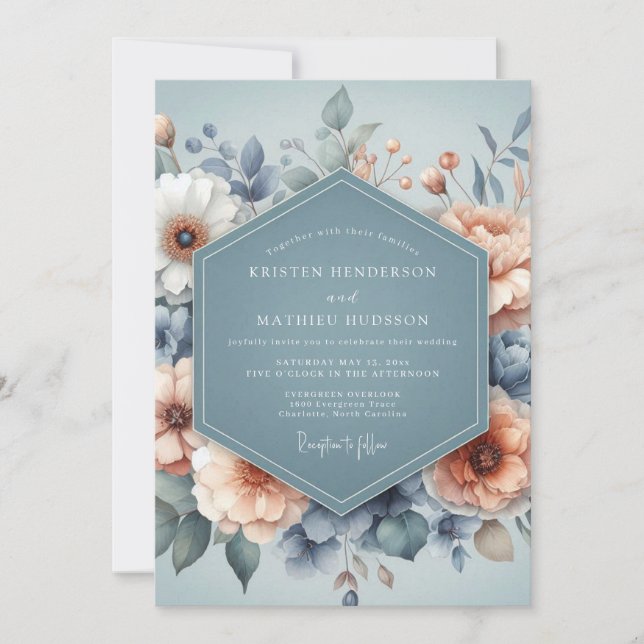 Convites Casamento Flor de Pastel Azul Ardósia (Frente)