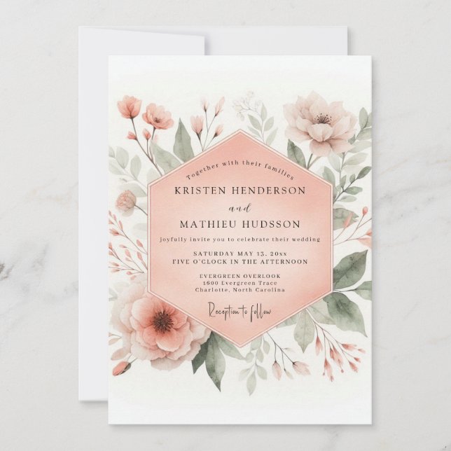 Convites Casamento Flor de Peachy Blush (Frente)