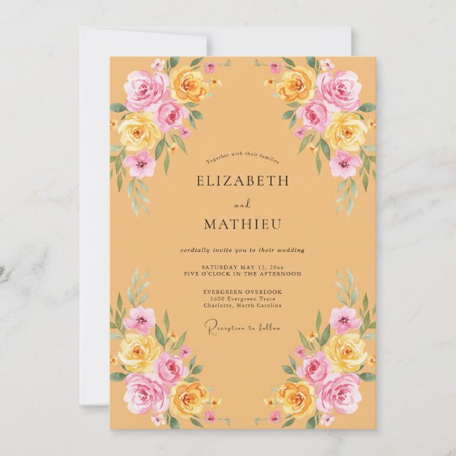 Convites Casamento Flor de Peônia Mostarda Prensada (Frente)