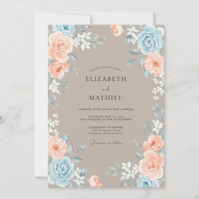 Convites Casamento Flor de Pêssego Azul Empoeirado (Frente)