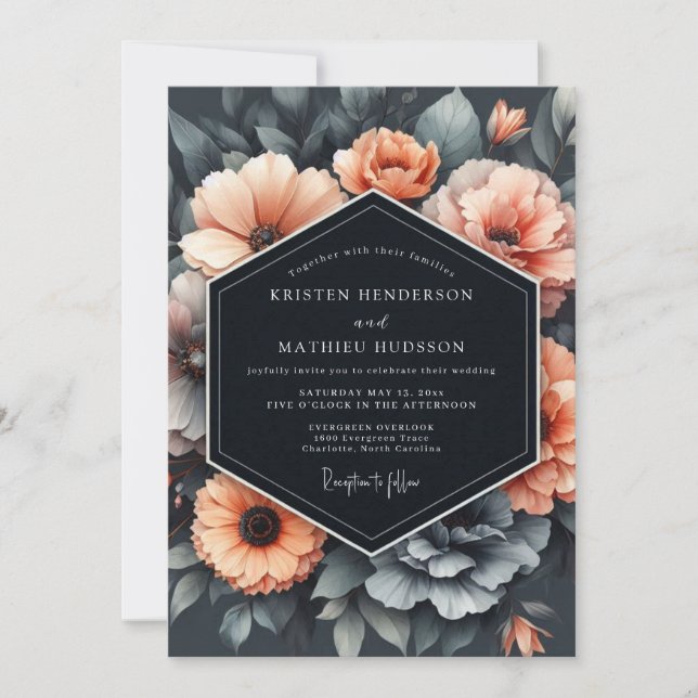 Convites Casamento Flor de Pêssego Carvão (Frente)