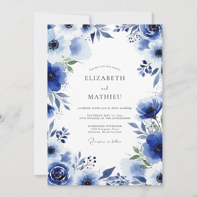 Convites Casamento Flor de Pincelada Azul Real (Frente)