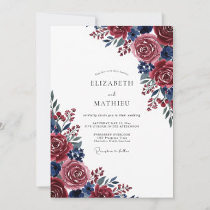 Convites Casamento Flor de Pintura Azul Borgonha