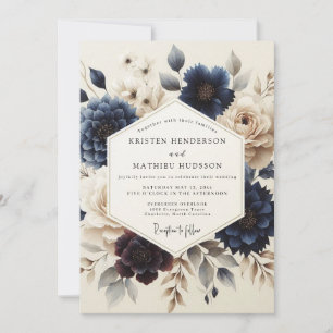 Convites Casamento Flor de Pintura Azul Marinho