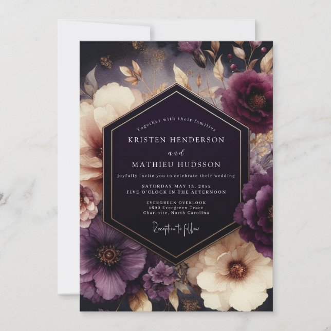 Convites Casamento Flor de Plum Chiaroscuro (Frente)