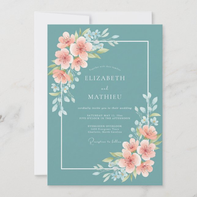 Convites Casamento Flor de Poesia Turquesa (Frente)
