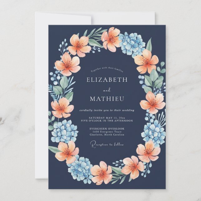 Convites Casamento Flor de Rádio Azul-Navy (Frente)