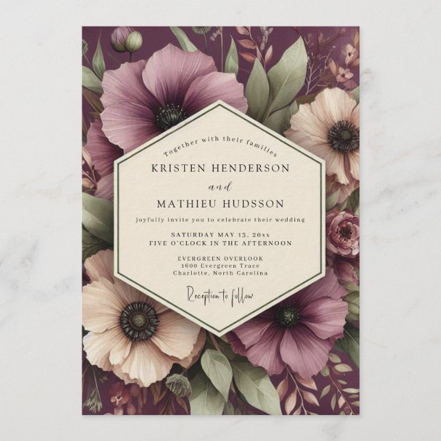 Convites Casamento Flor de Romantismo Damson (Frente)