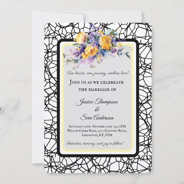 Convites Casamento Flor de Rosa Amarela Romântica Moderna (Frente)