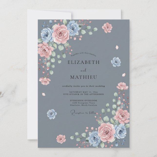 Convites Casamento Flor de Rosa Azul Empoeirada (Frente)