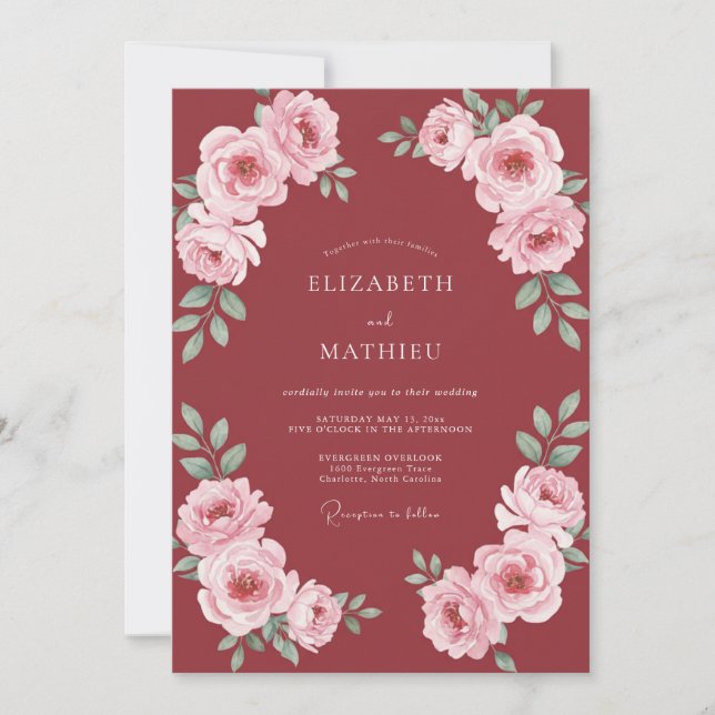 Convites Casamento Flor de Rosa Carmesim (Frente)