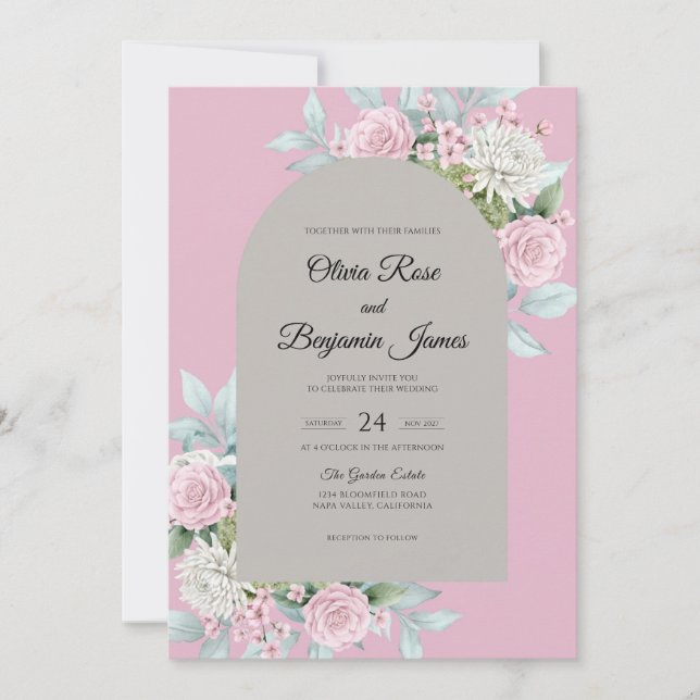 Convites Casamento Flor de Rosa Cinza (Frente)