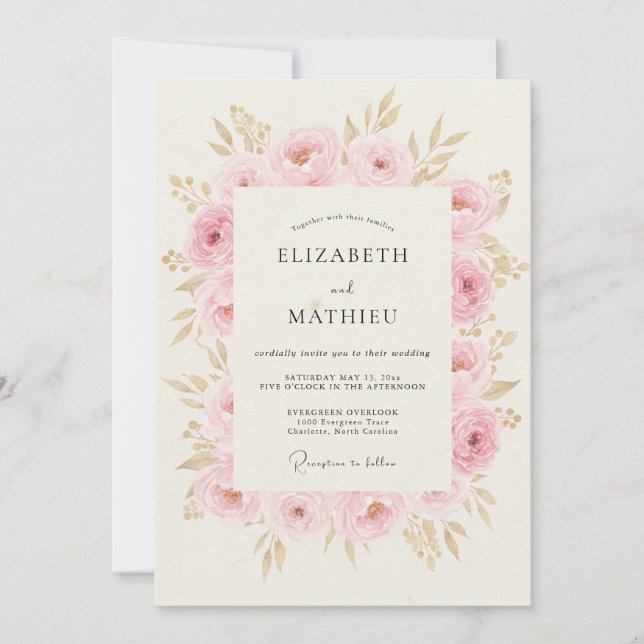 Convites Casamento Flor de Rosa Cor de Blush (Frente)
