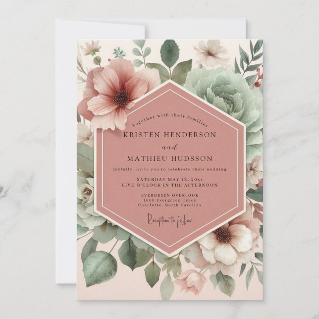 Convites Casamento Flor de Rosa Desbotada Vintage (Frente)