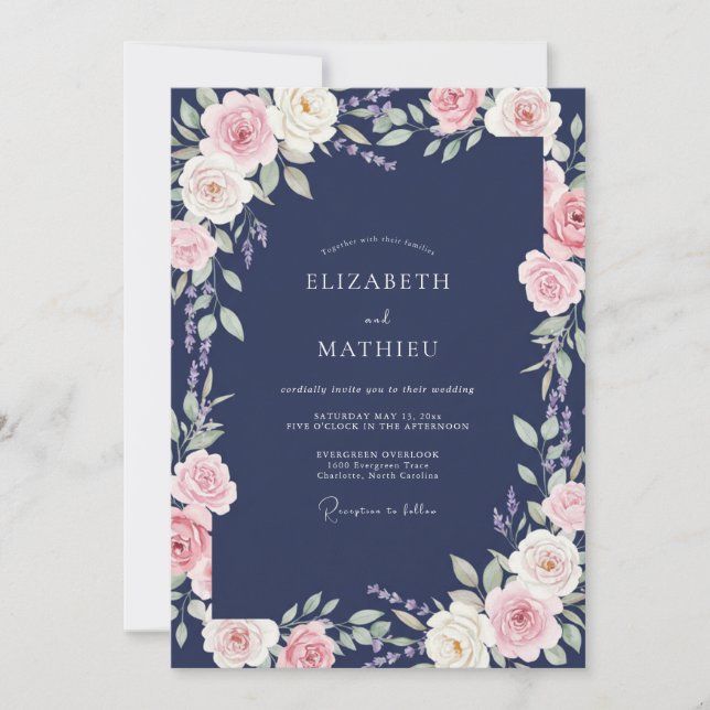 Convites Casamento Flor de Rosa Índigo (Frente)