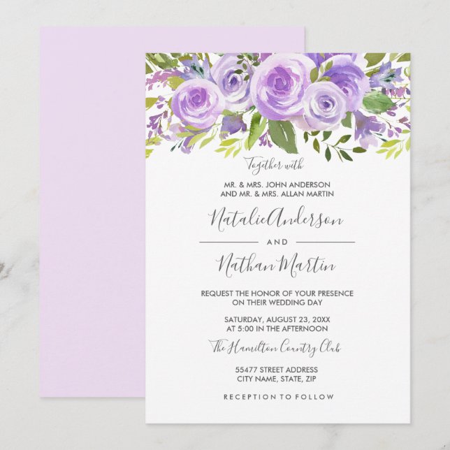 Convites Casamento Flor de Rosa Lavanda Roxa (Frente/Verso)