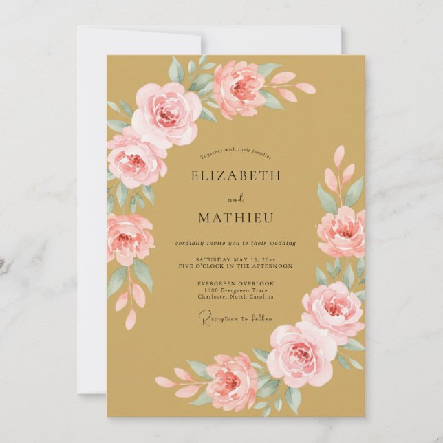 Convites Casamento Flor de Rosa Macia Dourada (Frente)