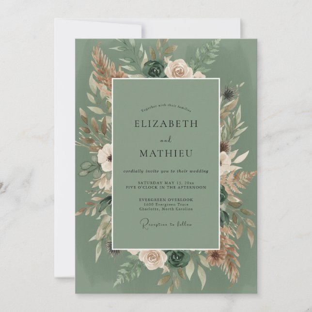 Convites Casamento Flor de Sabugueiro Verde Boho (Frente)