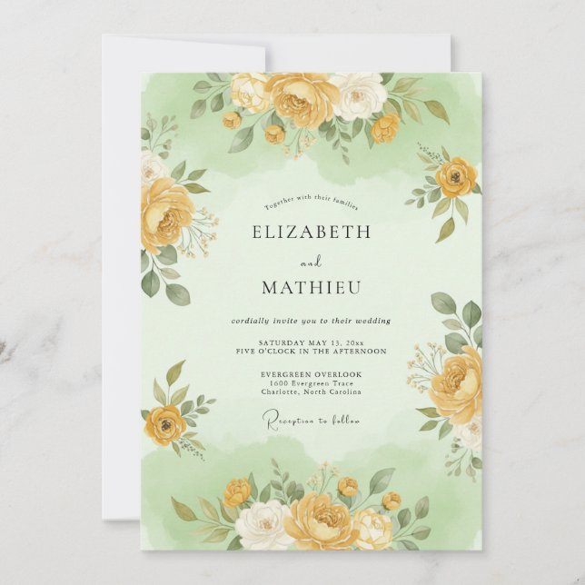 Convites Casamento Flor de Seda Verde Áurea (Frente)