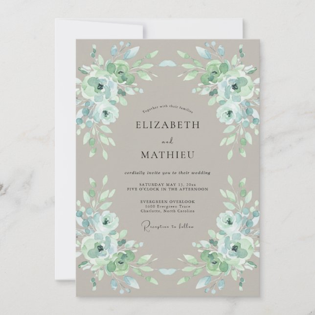 Convites Casamento Flor de Seda Verde Sage (Frente)