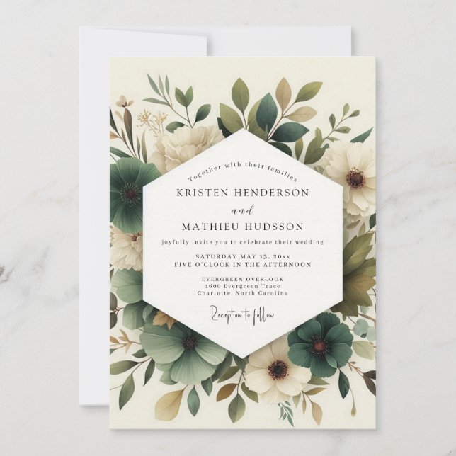 Convites Casamento Flor de Seda Verde Sálvia Delicada (Frente)
