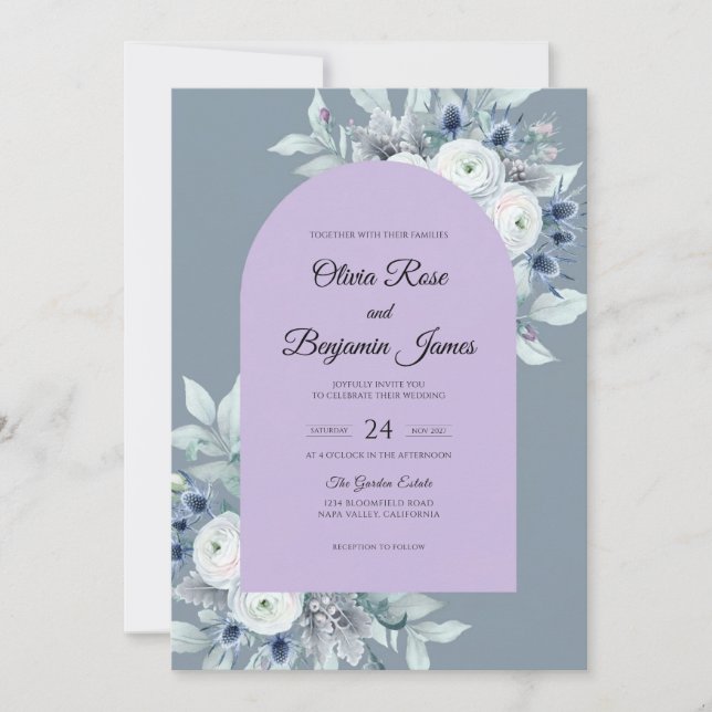 Convites Casamento Flor de Sempre-Viva Periwinkle (Frente)