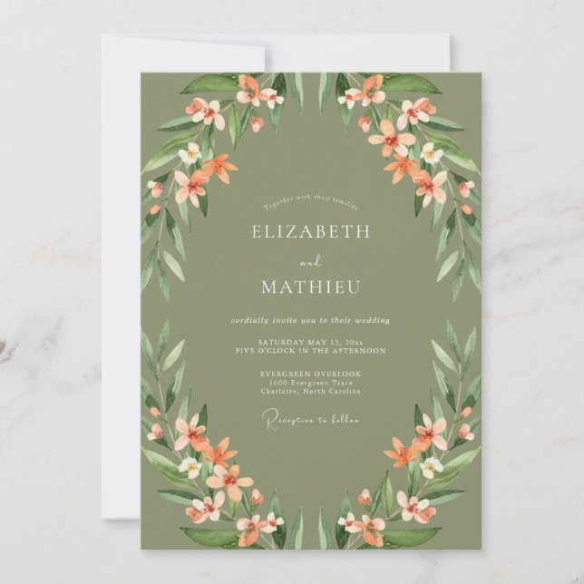 Convites Casamento Flor de Serafim Verde Sage (Frente)