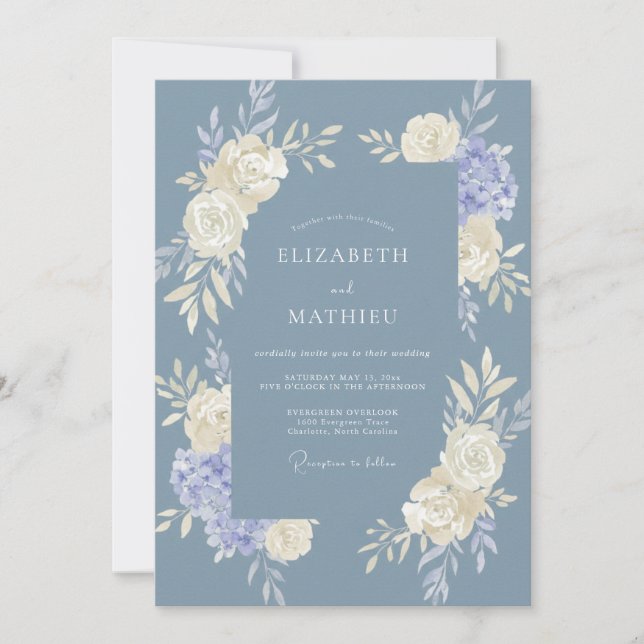 Convites Casamento Flor de Serenidade Azul Desbotado (Frente)